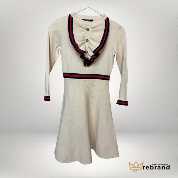 Preppy Ruffle Collar Knit Dress Cream Red Navy Stripe S - Picture 2 of 5